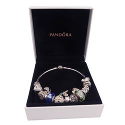 Pandora silver bracelet with a Disney Tinker Bell charm and twelve other Pandora charms, all stamped 925 ALE, with Pandora box