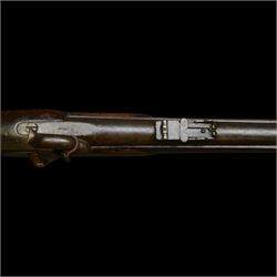 19th century Enfield percussion rifle, the 99cm barrel with three barrel bands, fore sight and rear sight, ramrod under, full walnut stock with brass butt, carrying sling brackets, action marked '1855 Tower' with Victoria cypher, overall L138cm