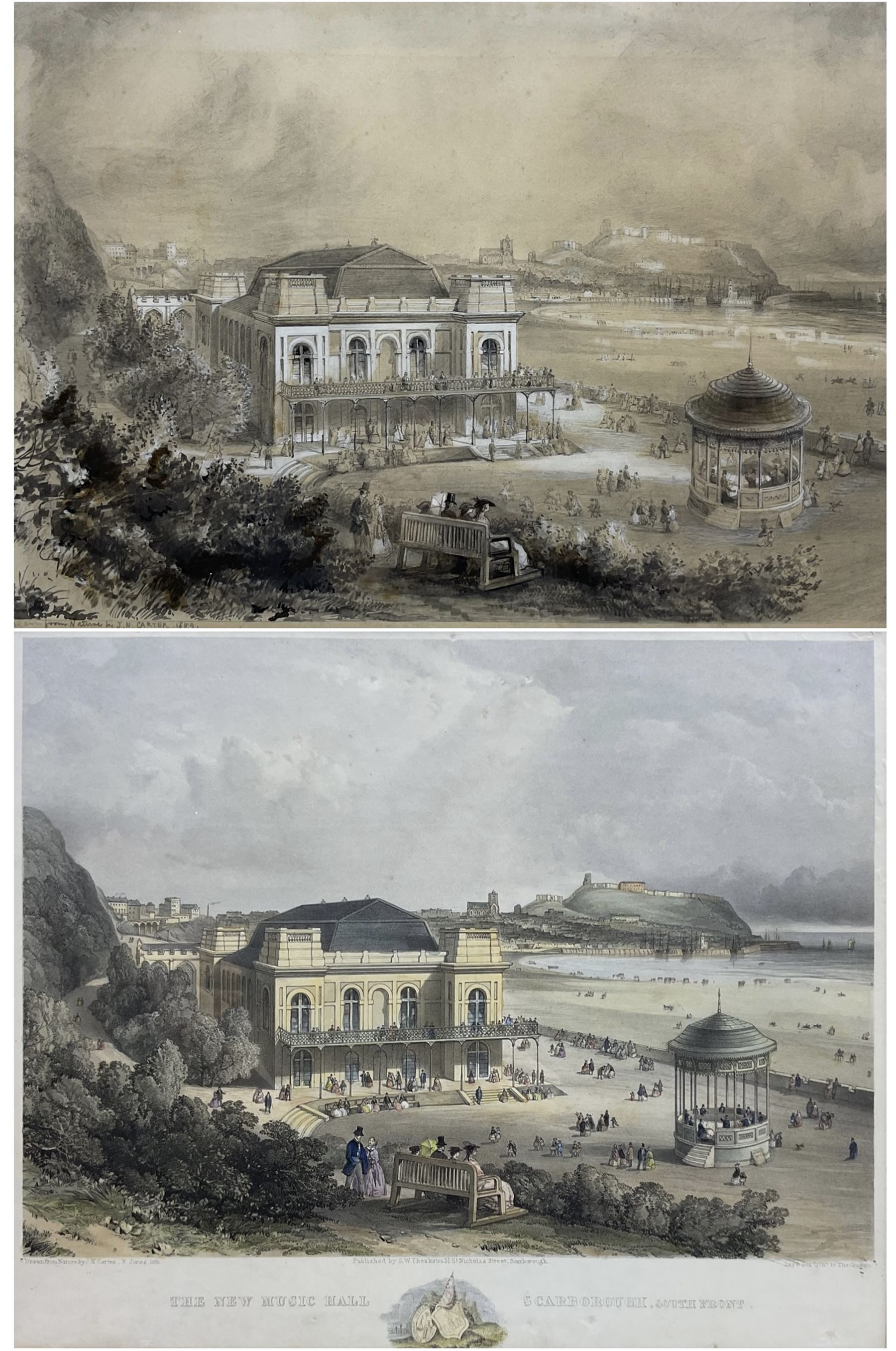 Joseph Newington Carter (British 1835-1871): 'The New Music Hall Scarborough, South Front' - View of The Spa, pencil ink and wash signed and inscribed 'Drawn from Nature 1859', 25cm x 35cm 
Provenance: private local collection, purchased Walker Galleries, Harrogate 1997, label verso 
Notes: a rare and important JN Carter original drawing for a later lithograph by F Jones, printed by Day & Son, pub. SW Theakston - sold together with an example of the lithograph 26cm x 35cm (2)
