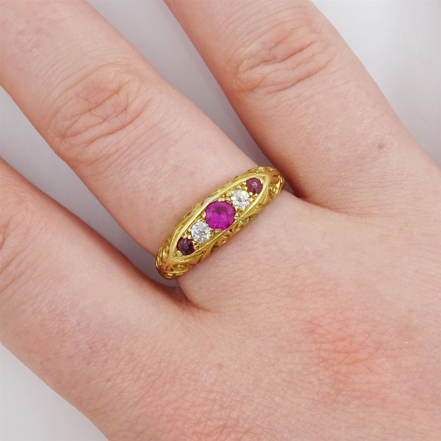 Edwardian 18ct gold five stone ruby and old cut diamond ring, Chester 1908