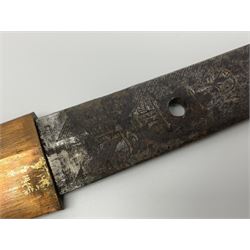WW2 Japanese Army officer's shin gunto/katana sword with 68.5cm steel single edged blade, foliate cast brass tsuba, bound fish-skin grip with brass mounts, inscribed marks to both sides of tang; in lacquered wooden scabbard with brass mounts and locking button L97cm overall