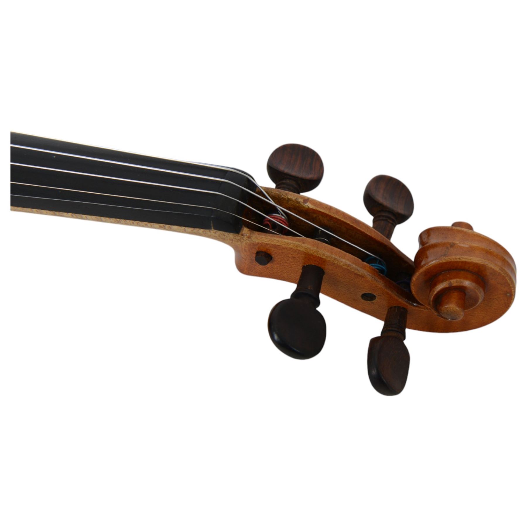 19th century full size European violin, spruce top, figured maple full back and sides, double purfling, in fitted case with two bows.