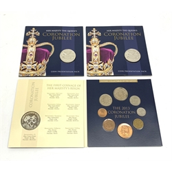 Three Queen Elizabeth II 'Her Majesty the Queen's Coronation Jubilee' nine coin presentation packs, each including a Bailiwick of Guernsey 2013 Coronation five pound coin