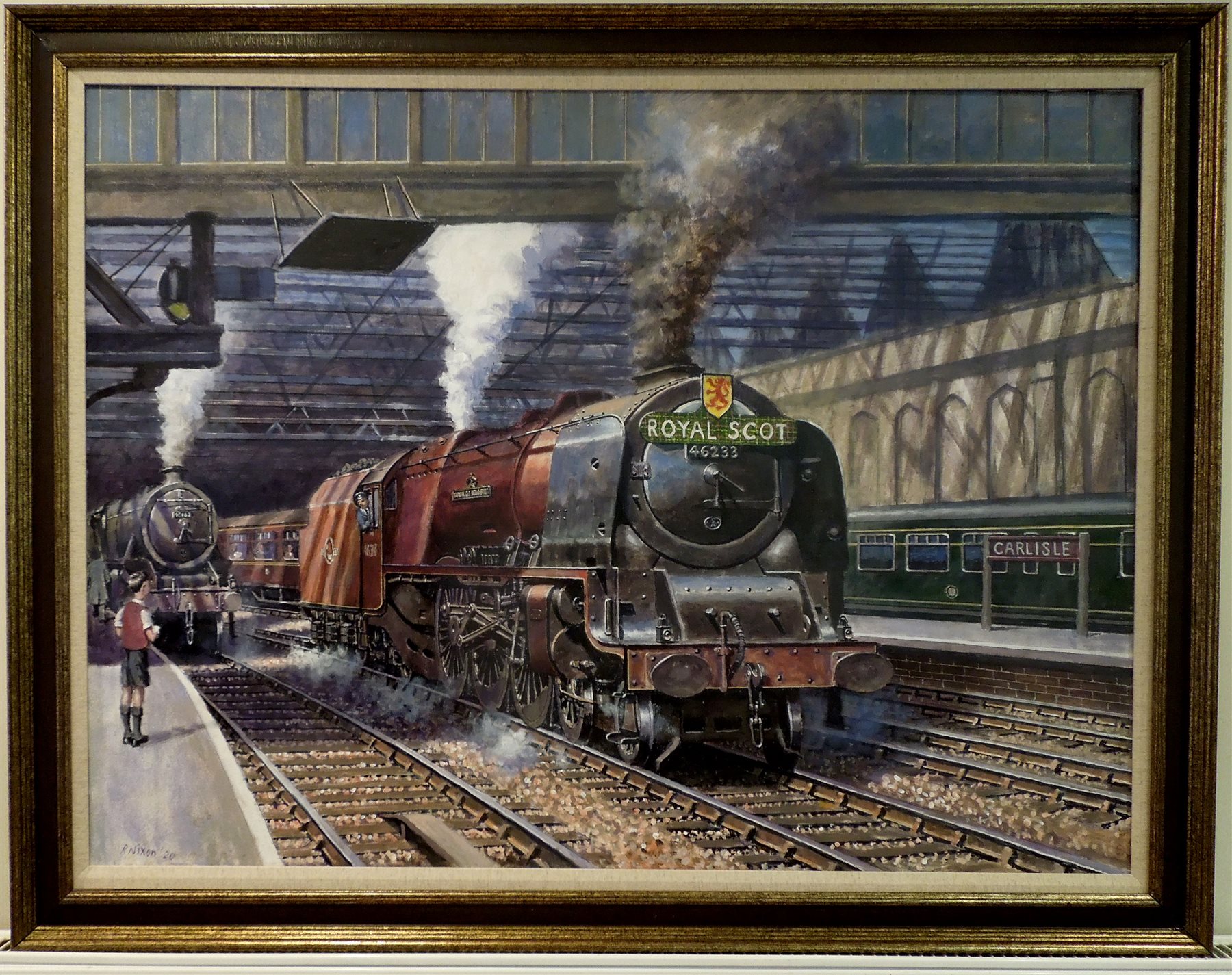 Robert Nixon (British 1955-): The Royal Scot 'Duchess of Sutherland' in Carlisle Railway Station, oil on canvas signed and dated '20, 75cm x 100cm