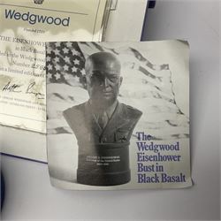 Collection of Wedgwood Jasperware, to include black Eisenhower Bust, two black basalt paperweights, one depicting an eagle and one depicting Julius Caesar, a blue Zodiac plate, Man on the Moon commemorative plate, American Independence Bicentennial plate and Royal commemorative ware, etc, all with impressed marks beneath, some with boxes