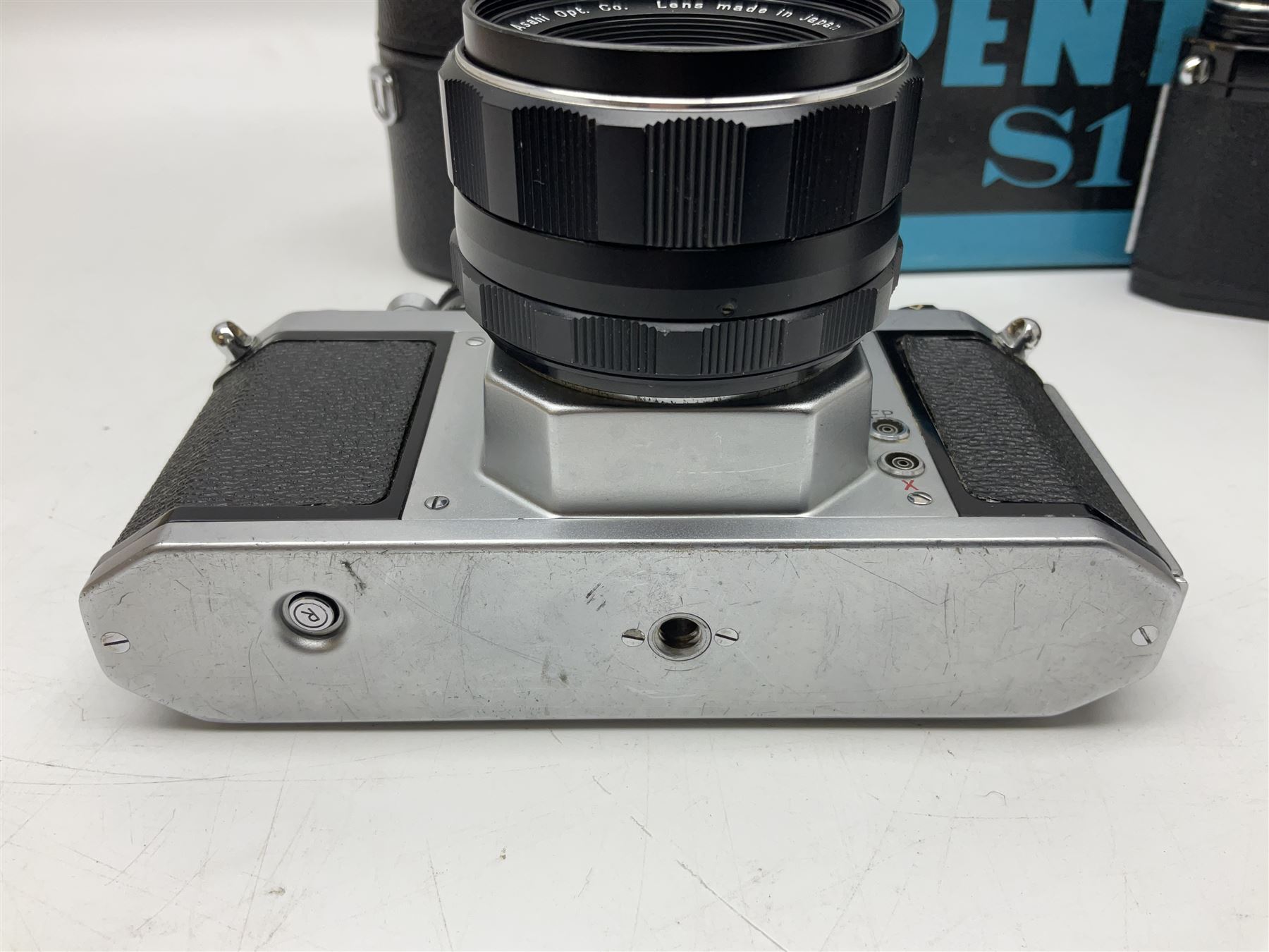 Asahi Pentax S1a camera body, serial no. 707071, with 'Super-Takumar 1:1.8/55' lens, serial no 2124044, together with Asahi Pentax Sv camera body, no. 1925617 with 'Super-Takumar 1:2/55' lens, serial no. 2770153, Asahi Pentax Meter, 'Super-Takumar 1:3.5/28' lens, serial no. 2075492 and 'Super-Takumar 1:4/150' lens, serial no. 1461613  