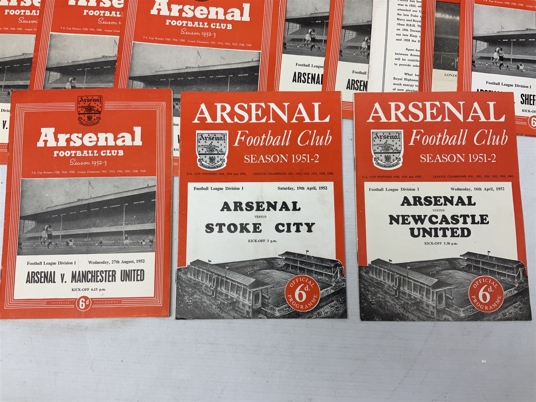 Arsenal F.C. - thirty home programmes for 1951/52 (7) & 1952/53 (23) including Division One, F.A. Cup, London Football Association Challenge Cup, Charity Match, Friendly Match and one duplicate (30)