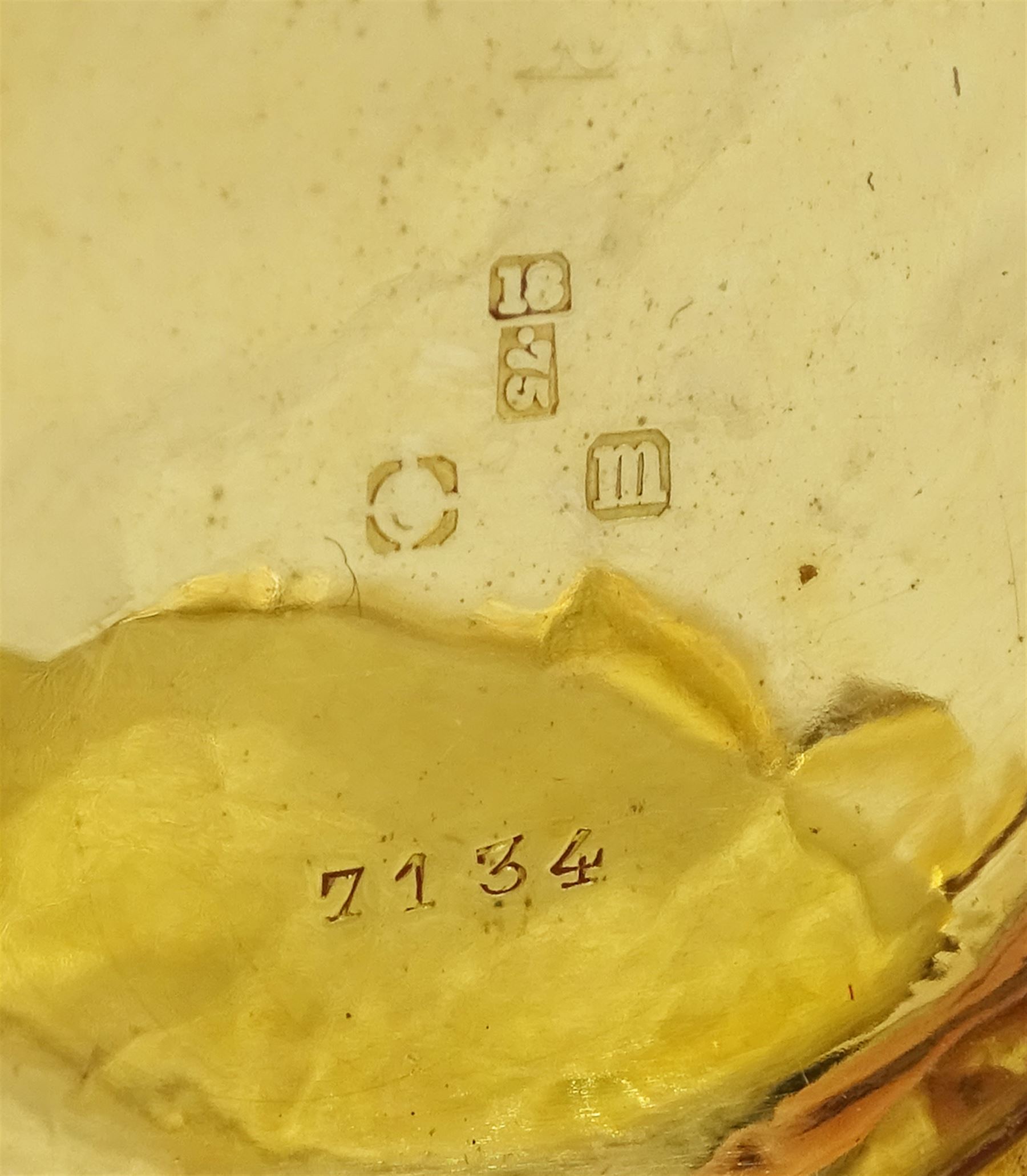 Early 20th century 18ct gold open face keyless lever pocket watch, gilt dial with Roman numeral hour markers, engraved foliate case, London import mark 1907, on rose gold-plated belcher link chain