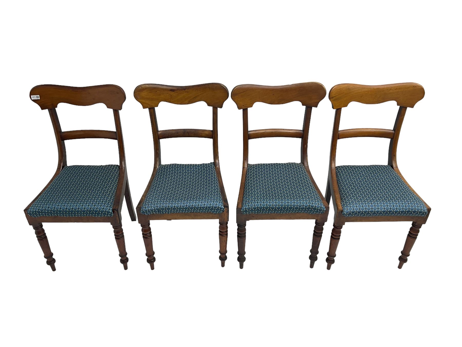 Set four Victorian mahogany dining chairs, shaped cresting rail over centre rail, seat upholstered in blue patterned fabric, raised on turned supports