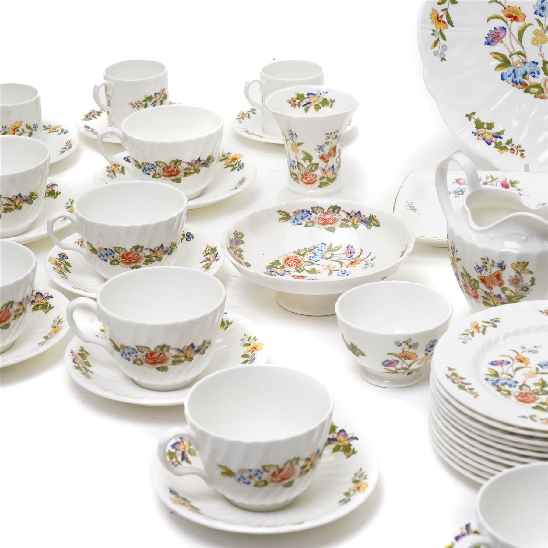 Aynsley Cottage Garden tea set comprising thirteen cups and saucers, eleven plates, bread and butter plate and milk jug, together with six coffee cans and saucers, cream jug and sugar bowl and four other Cottage Garden pieces