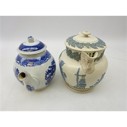  Late 18th century English blue and white Willow pattern teapot, H18cm and a 19th century stoneware teapot, applied oak leaf border and figures, Bacchus moulded spout (2)  