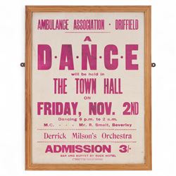 Two mid century dance posters for Driffield Town Hall, the first with black lettering on an ochre ground reading 'No.1233 Driffield Squadron' dated October 1943, the second with pink lettering on an ivory ground for the Ambulance Association, both in wooden frames, tallest H67.5cm