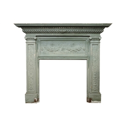  Large 19th century Adam style painted carved pine and gesso fire surround, projecting ogee mantel with gadrooned and egg and dart frieze, panel with ribbon tied fruit swag moulding, enclosed by ionic capped acanthus and floral moulded pilasters, stepped plinth base, overall - W217cm, H183cm, D33cm,  aperture - 111cm x 100cm  