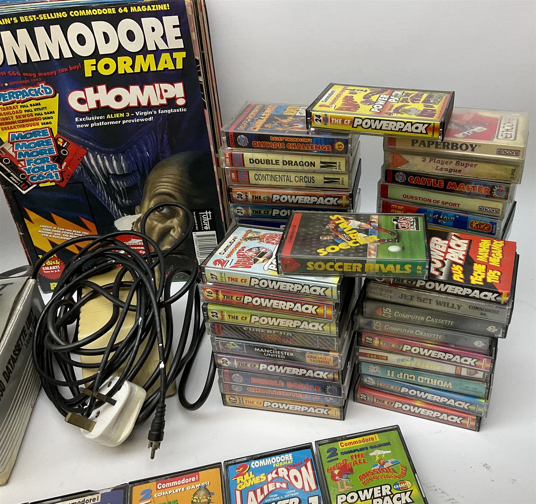Commodore 64 games computer with boxed 1530 Datassette Unit Model C2N, two joysticks, over seventy games and twenty-two Commodore magazines; polystyrene box inner and card slip-case