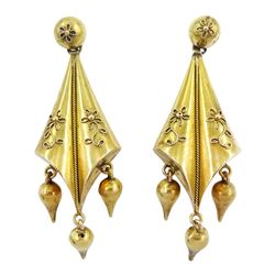 Pair of Victorian gold pendant earrings, with applied wirework decoration and screw back fittings