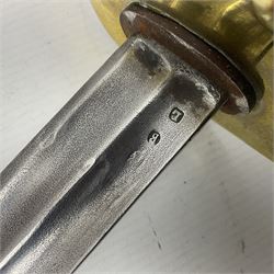 Early 19c French 1st Empire Heavy Cavalry trooper's sword, the 95.5cm double fullered blade with various stamped marks and inscribed Klingenthal 1814 to the back edge, four-bar brass hilt with wire-bound leather grip, knucklebow numbered 139; in polished steel scabbard with two suspension rings L117cm overall
