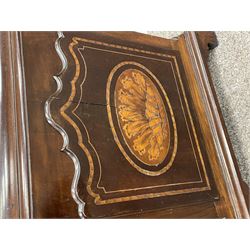 Late 18th century and later inlaid mahogany longcase clock, the stepped arched dentil cornice over a blind fret work frieze, enclosed by glazed door with trailing boxwood band flanked by two fluted pilaster columns with Corinthian capitals, brass and silvered dial with painted tide and moon phase, the arched register inscribed 'Hight water at Bristol Key', silvered Roman chapter ring inscribed 'Thos. (Thomas) Williams, Axbridge', triple train driven movement, chiming the quarters on eight bells and striking the hours on coil, silent chime lever and eight four bell lever, the dial decorated with engraved scrolled foliage and ornate urn cast spandrels, canted trunk with fluted corners flanking shaped stepped arched door with large shell motif inlay, the matching base on bracket feet
