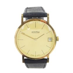 Roamer gentleman's 9ct gold manual wind wristwatch, champagne dial with baton hour markers and date aperture, on black leather strap