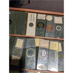 Victorian collector's specimen cabinet, containing a number of prepared microscope slides including miniature photographs, animal and human pathological, physiological and histological specimens and botanical specimens, mostly annotated in ink, the cabinet with glazed door, the drawers with bone handles and lined with green felt, owned by Dr Arthur Bristow, together with a picture of the doctor, cabinet H43cm