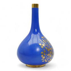 Early 19th century Chamberlain Worcester porcelain bottle form vase, the body painted with a view of Worcester Cathedral and Bridge over the Severn, within gilt borders against a blue ground, unmarked, H13.5cm, together with a Grainger’s Worcester pot pourri base, of twin handled form painted with a similar view, printed marks beneath, lacking covers, L11cm (2)