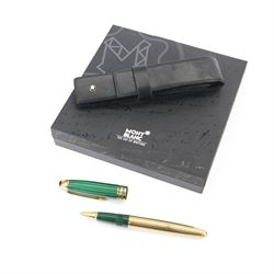 Montblanc Meisterstuck Czar Nikolai I Malachite rollerball pen, with malachite lid and solid silver, stamped 925, gold plated body, together with original signed certificate and polythene cloth, in original box with a Montblanc leather case