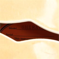 Epiphone by Gibson Sheraton semi-hollow electric guitar, serial no. S98081744 made in Korea c.1998, with natural blonde body, maple neck, fretboard with abalone and mother of pearl split block markers, with inlaid mother of pearl tree of life design and Epiphone logo to headstock, L109cm