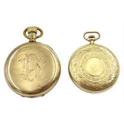 Elgin gold-plated full hunter lever pocket watch and an American Watch Co open face lever pocket watch, with leaf and key design back case