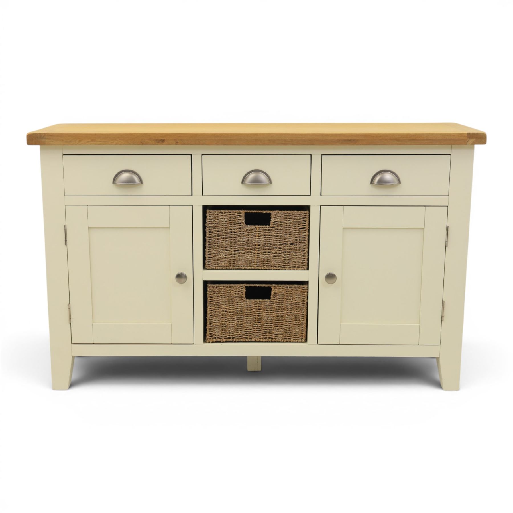 Contemporary white painted sideboard, oak veneered top above three drawers with metal cup handles, two central rattan drawers flanked by cupboards