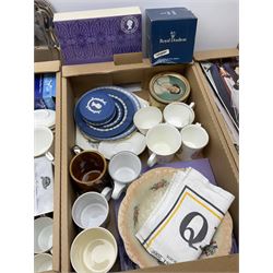 A large collection of commemorative ware, including Wedgewood Jasperware plates and trinket box for Royal silver jubilee, Shelley teacup and saucer for Edward VIII coronation, Bisto cups and saucers for George V and Queen Mary's coronation in 1911, loving cup, 1937 Coronation basket, thimbles, magazines and new cuttings etc. 