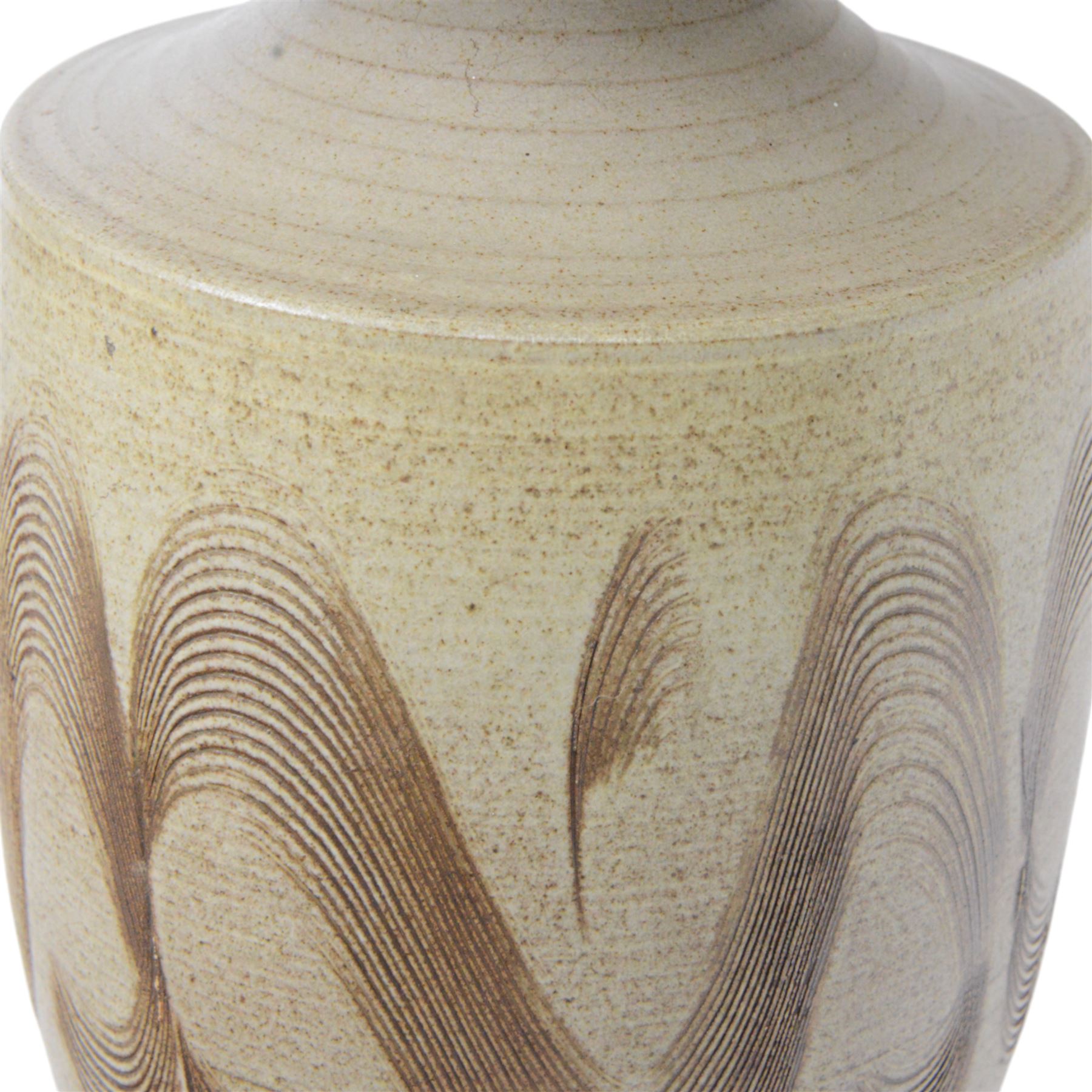 David White pottery lamp, of baluster form with elongated neck, with a brown spiral pattern on a cream ground, without shade H52cm