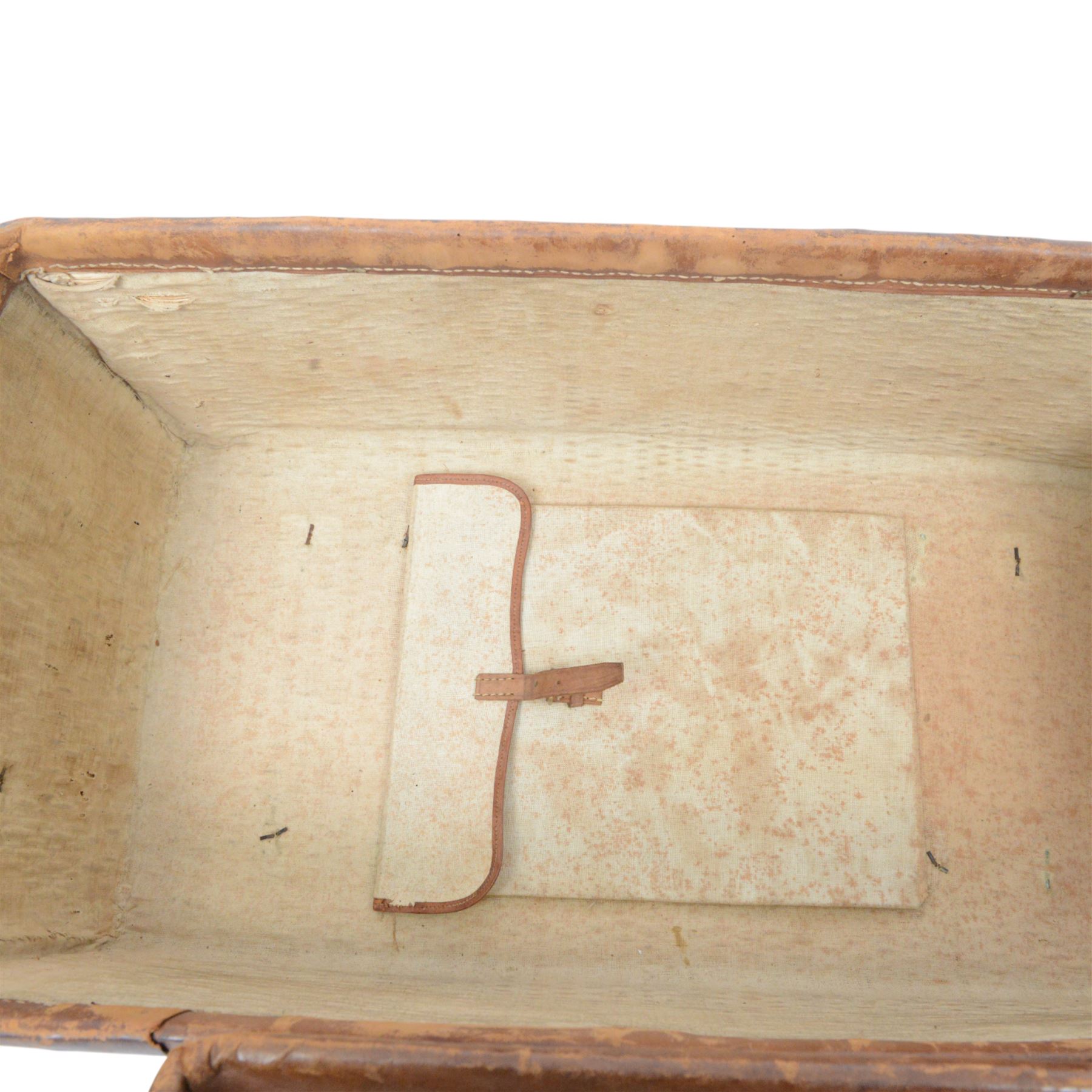 WWII Japanese Officer's leather trunk or Kori, the interior with document compartment,  within a canvas cover the top printed with the officers name, H26cm L70cm