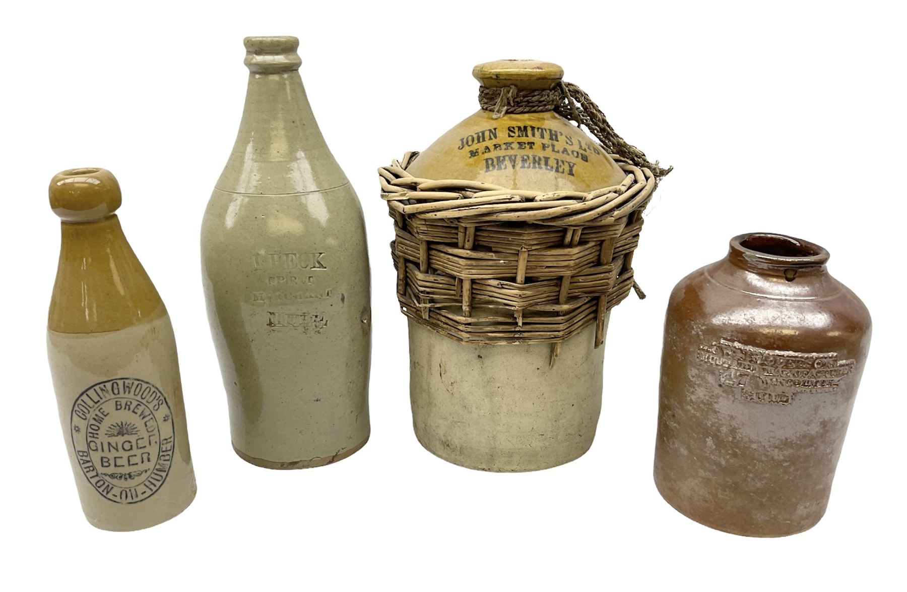 19th century stoneware gin bottle impressed I. Peck, Spirit Merchant Hull H27cm, Victorian salt glazed stoneware jar embossed W. Jefferson Mustard Manufacturer 47 Wincolmlee Hull, part cane covered stoneware flagon for John Smith Market Place Beverley and a Barton-on-Humber stoneware ginger beer bottle (4)  