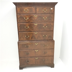 19th century walnut chest on chest, projecting cornice, two short and six graduating drawers, shaped bracket supports, W105cm, H180cm, D54cm