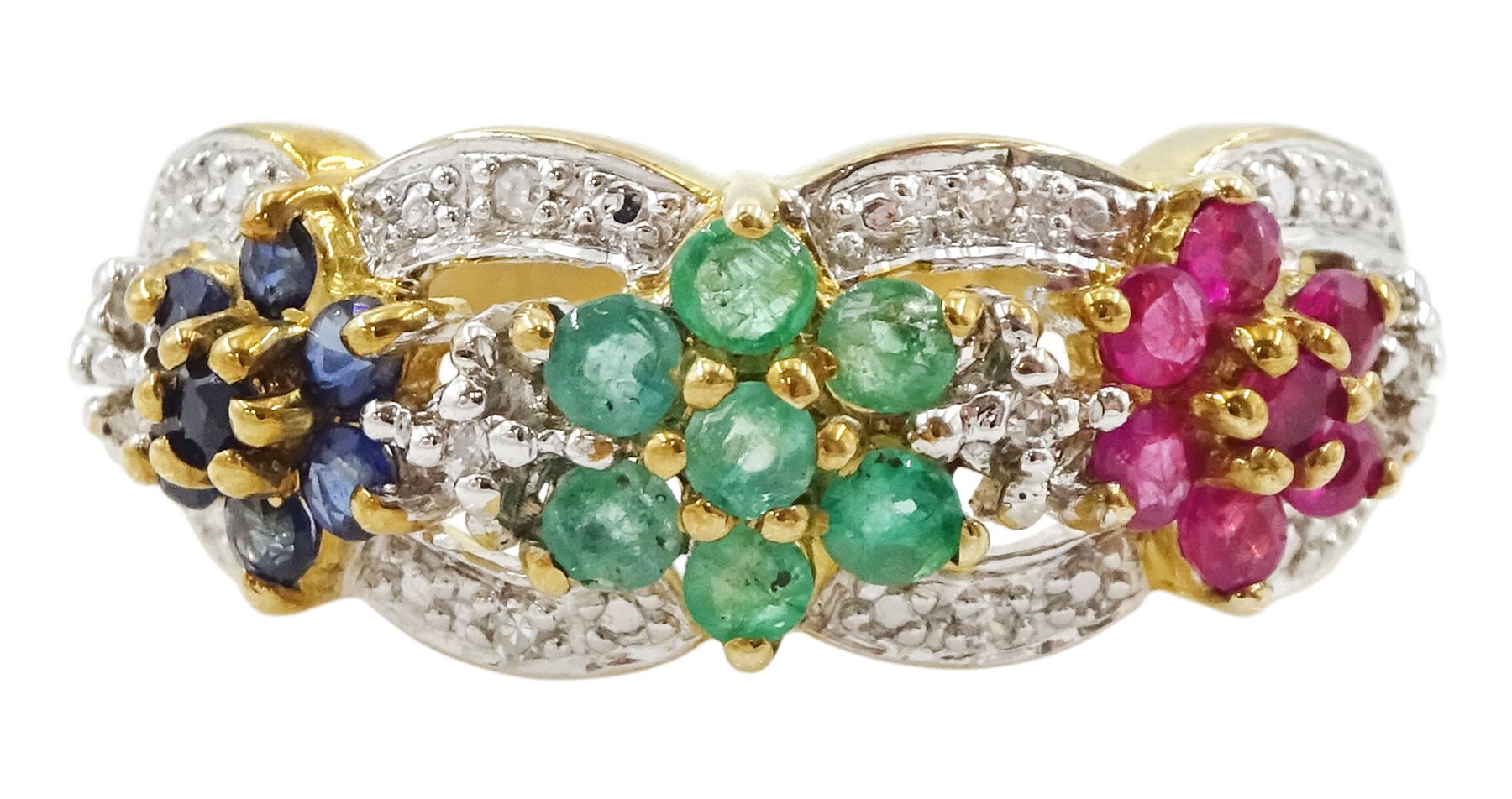 9ct gold multi gemstone set flower head ring, three ruby, sapphire and emerald clusters, with diamond set surround, hallmarked