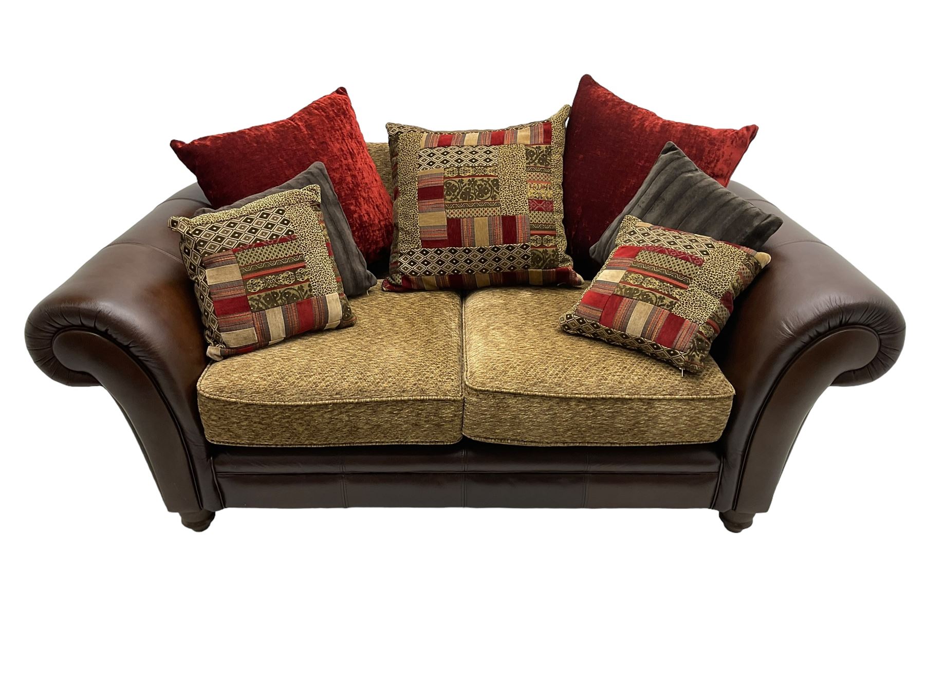 DFS - 'Perez' three-seat sofa (W222cm, H90cm, D105cm); and matching two-seat sofa (W188cm); upholstered in stitched brown fabric with patterned contrasting fabric cushions