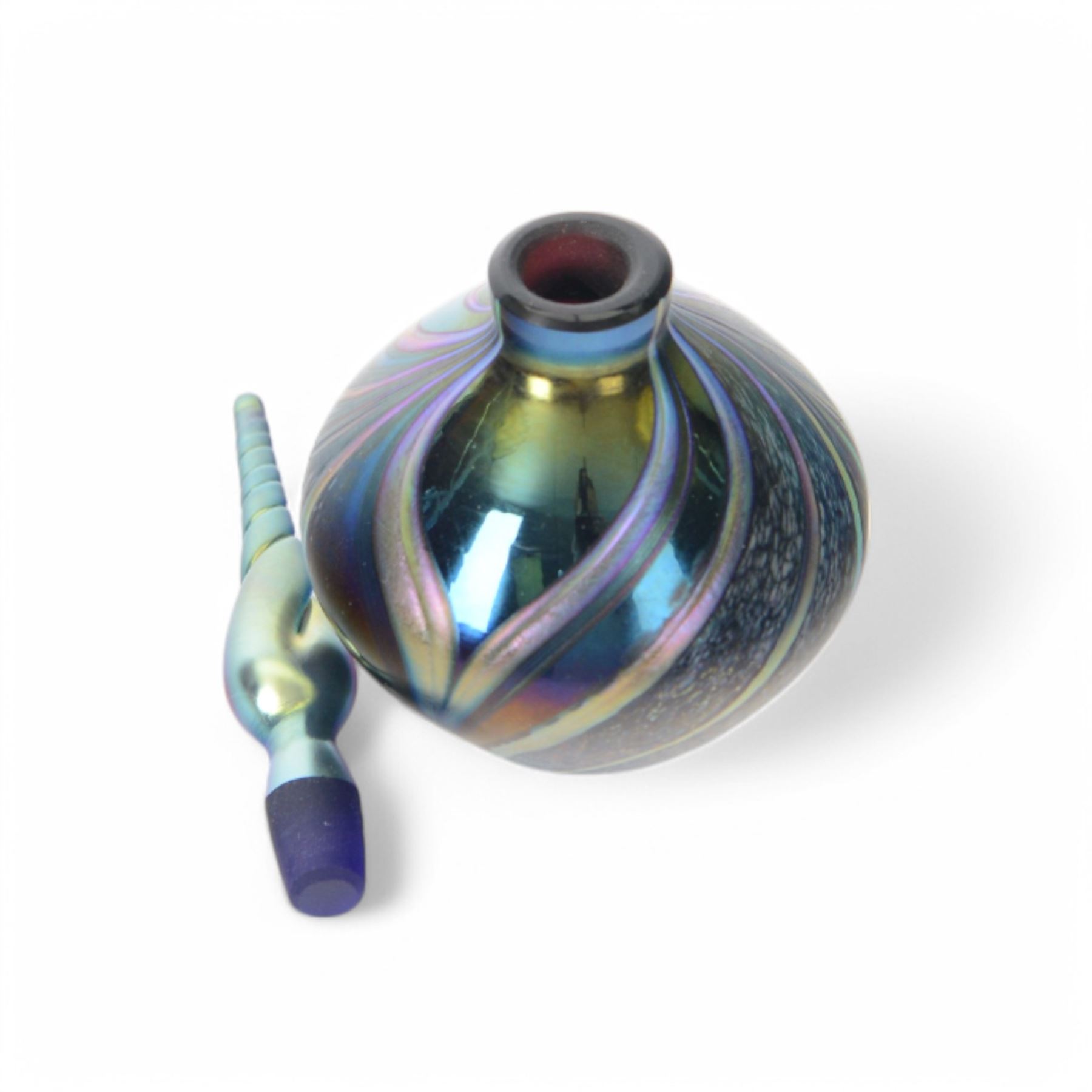 Okra glass scent bottle of ovoid form decorated with iridescent blue design with stylised flowers and leaves, with box, together three other Okra scent bottle with iridescent design, all with original boxes  