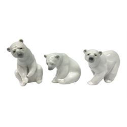 Three Lladro figures comprising Attentive Polar Bear 1207, Resting Polar Bear model no.1208 and Seated Polar Bear model no.1209, all designed by Juan Huerta, with printed mark beneath, tallest example H12cm