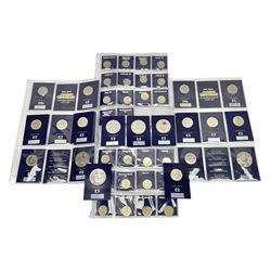Mostly United Kingdom Queen Elizabeth II commemorative coins, including old round one pounds Egyptian Arch, Millennium Bridge, Cities etc, eleven two pound coins and six UK five pounds etc, some on cards