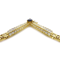 18ct gold diamond and sapphire necklace, brick link design leading to diamond V design, consisting of 46 round brilliant cut diamonds, 18 baguette diamonds, 3 marquise diamonds and a pear shaped sapphire, stamped 750