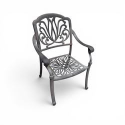 Circular aluminium garden table and pair of armchairs chairs with a pierced and scrolling backs 