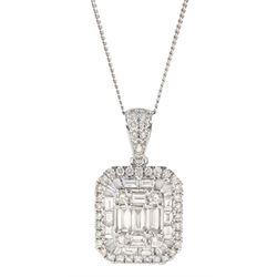 White gold baguette and round brilliant cut diamond pendant, hallmarked 9ct, on silver chain, total diamond weight approx 2.25 carat