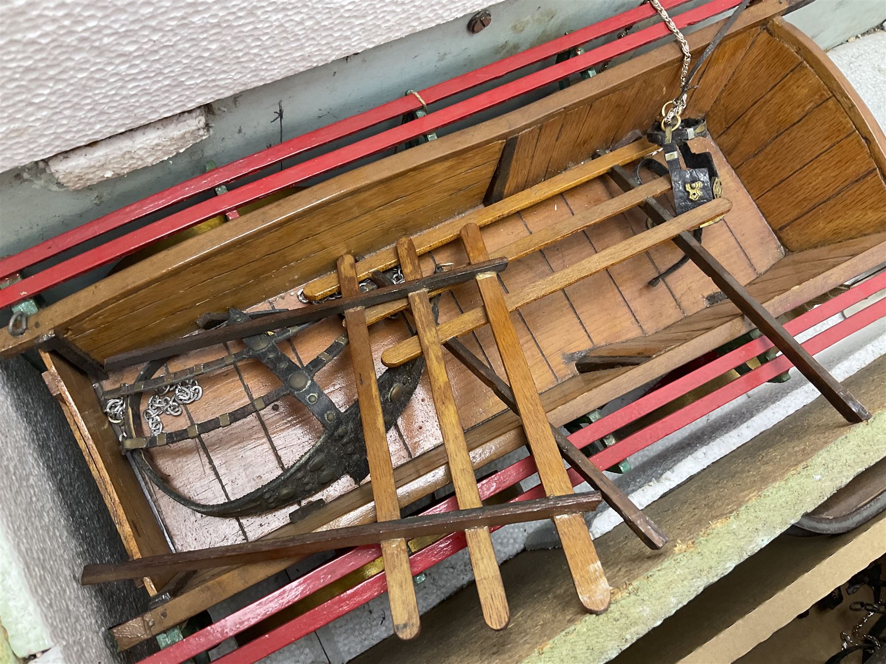 Melba Ware Shire horse figure and two similar, and four wood carts