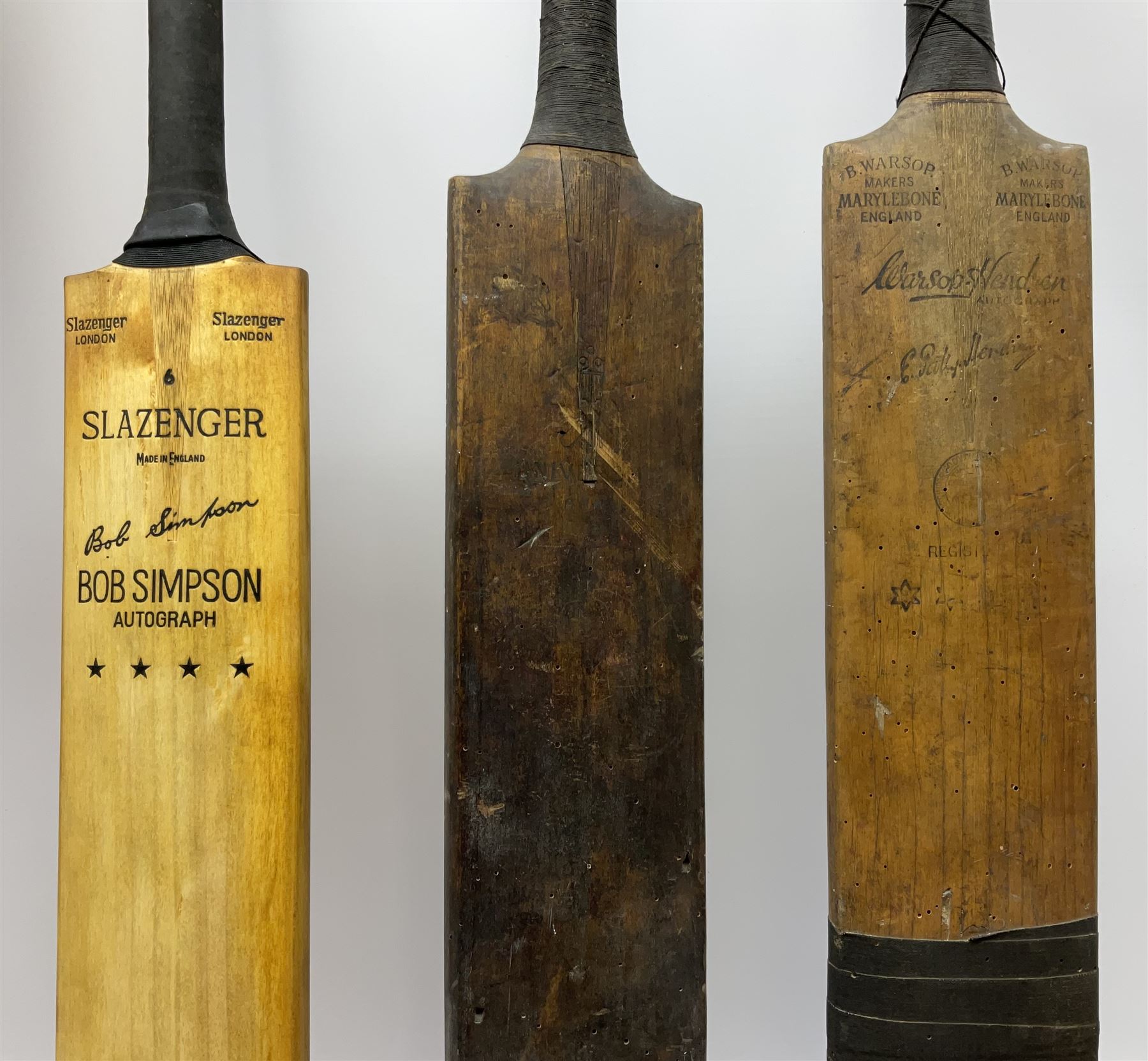 Cricket bat with Bob Simpson autograph, together with B Warsop Hendren autographed bat, another bat and six stumps and bales