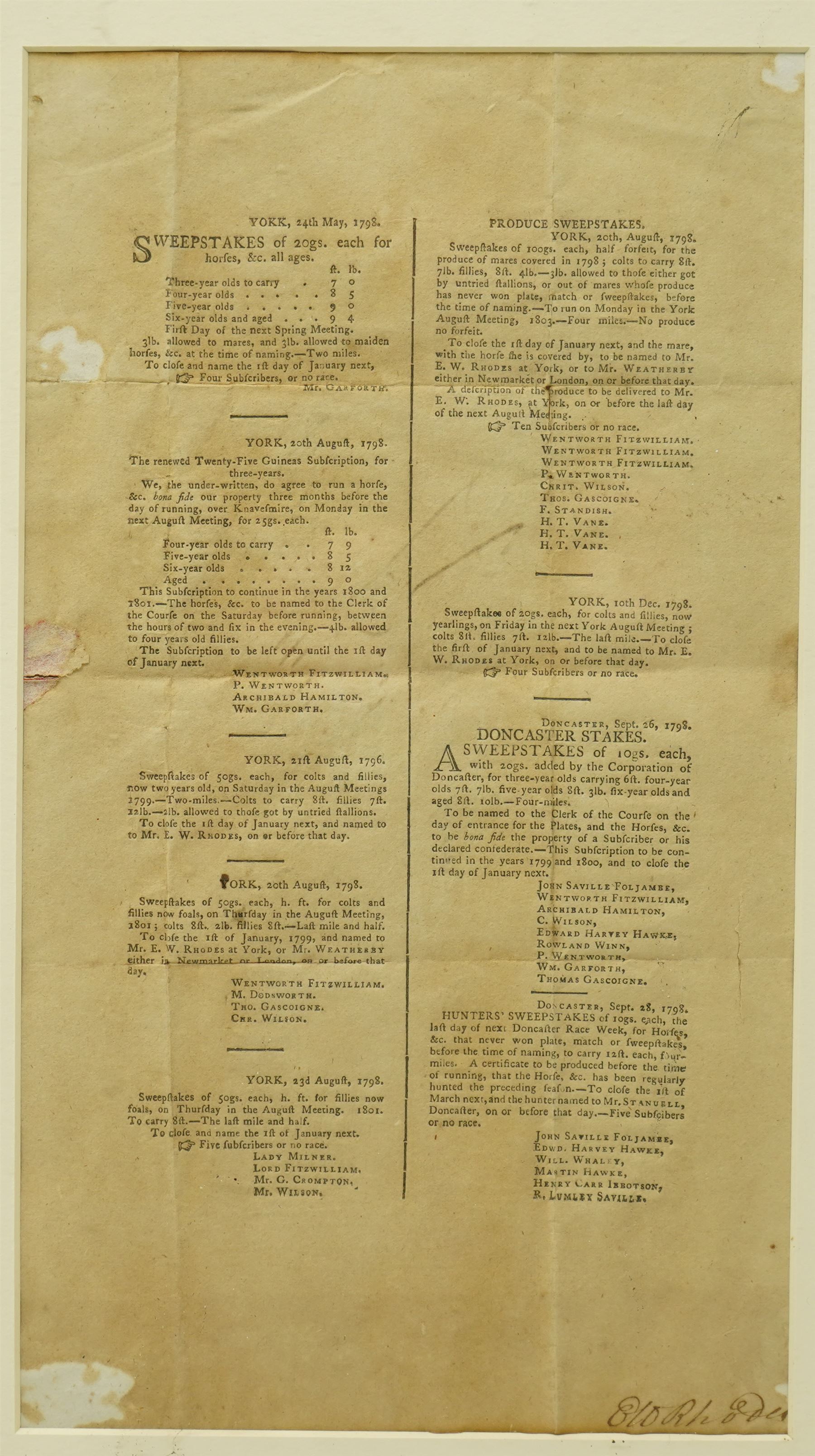 Double page handbill for Newmarket Second October Meeting 1802' printed by Robert Rogers 31cm x 40cm, another 'Newmarket Craven Meeting April 1803' and a single sheet handbill for York Races May 1798 in one frame 45cm x 117cm
 
Provenance: property of a Nobleman