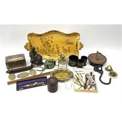 Group of assorted collectables, to include Salter's Spring Balance trade scales, Salter's Pocket Balance scales, Cairo ware type box, spelter figure modelled as a seated female figure, cased Medicine Glass & Minim Measure, selection of button hooks to include mother of pearl and bone handled examples, papier-mâché tray, etc. 