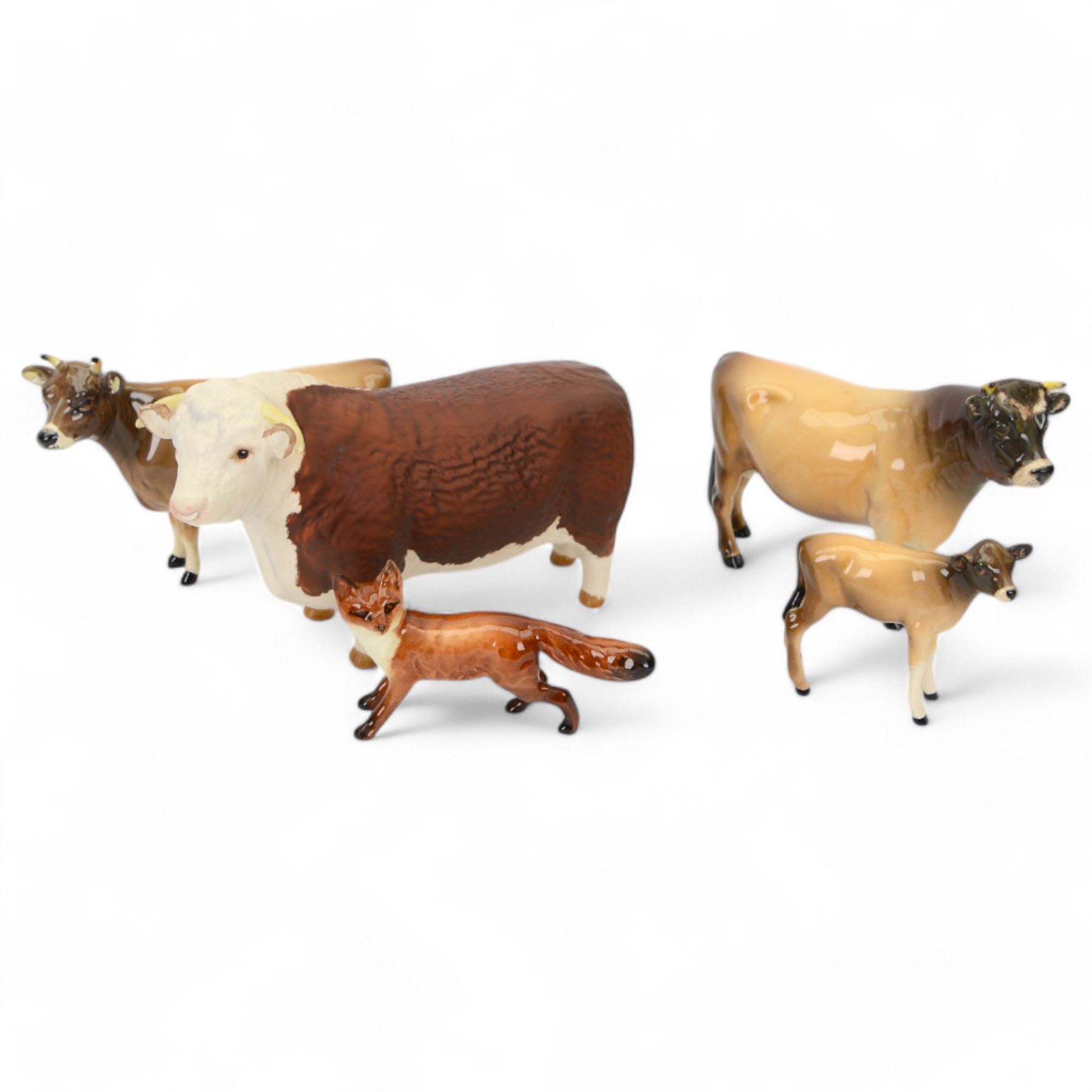 Five Beswick figures, Jersey family group; Bull Ch. Dunsley Coy Boy, model 1422, Cow Ch. Newton Tinkle, model 1345 and Calf, Hereford Bull and Fox 