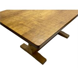 Mouseman - oak dining table, adzed rectangular top on twin octagonal pillar supports, sledge feet united by floor stretcher, by the workshop of Robert Thompson, Kilburn 