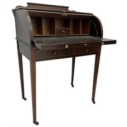Edwardian inlaid mahogany and satinwood strung cylinder desk, the roll-top with central urn and scrolling foliate inlays, opening to reveal fitted interior and sliding writing surface with leather inset, fitted with two drawers, on square tapering supports with castors