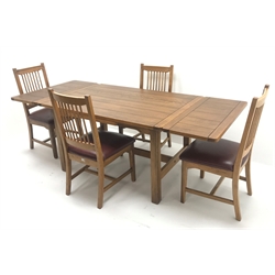  Sherry Furniture - light oak drawer leaf extending table (90cm x 134cm (closed) - 212cm (extended) H76cm) and set four dining chairs with leather upholstered seat  