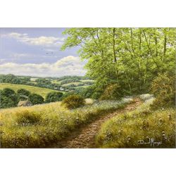 David Morgan (British 1964-): 'Bluebell Path', oil on canvas signed, titled and dated 1999 verso 34cm x 50cm
Provenance: with E Stacy-Marks, Polegate, East Sussex, Stock No.MO888, label verso